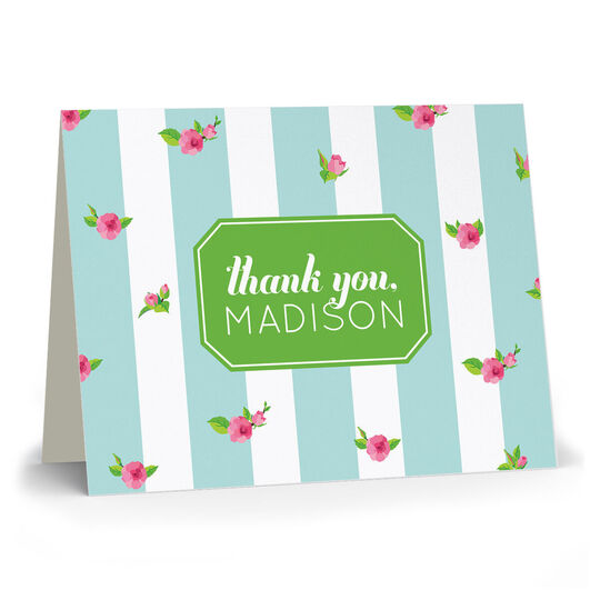Aqua and White Floral Stripe Folded Note Cards